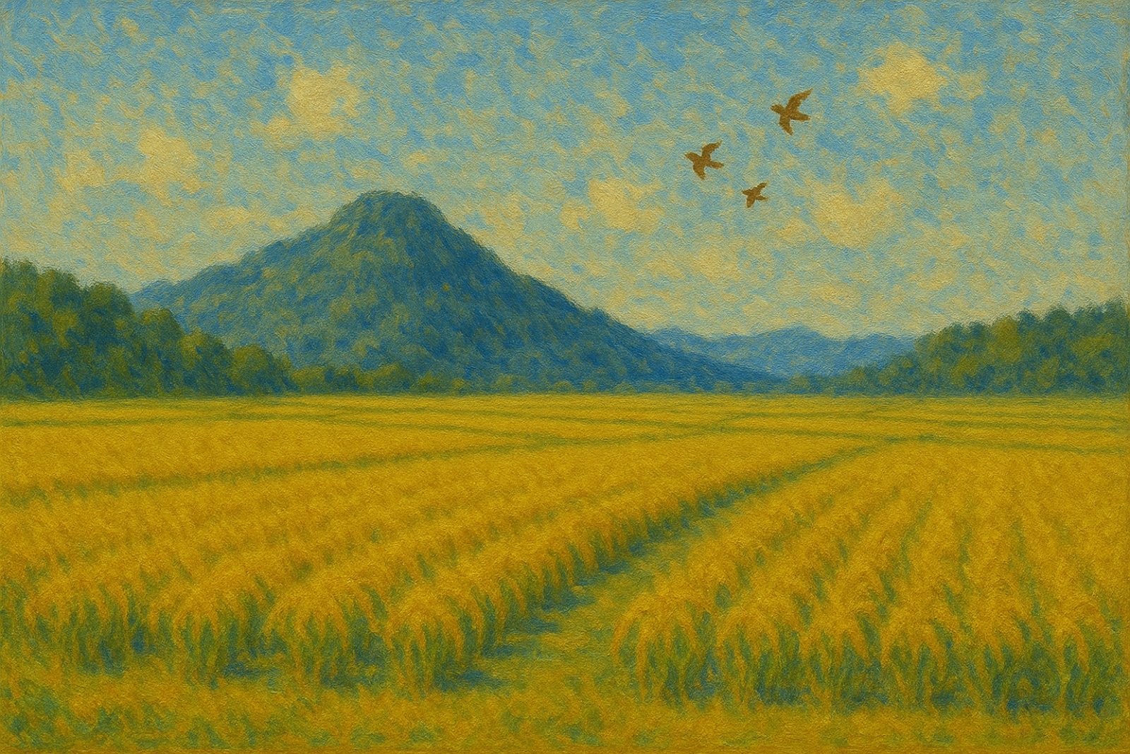実りの田園を雀が飛ぶ風景画